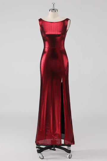 Robe formelle fourreau à col rond en satin bordeaux avec fente